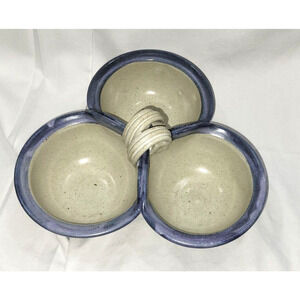 Reynolds Pottery Blue Speckled 3 Bowl Fused Handle Stoneware Pottery